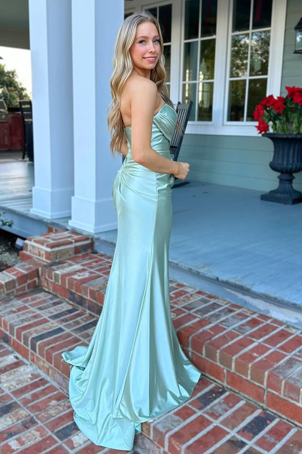 Long Black Satin Mermaid Prom Dress with Strapless Ruched Design and Slit