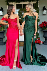 Dark Green Sequin Sparkly One-Shoulder Mermaid Corset Prom Dress with Satin Train