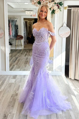 Long Lilac Mermaid Corset Prom Dress with Appliques and Off-Shoulder Tulle