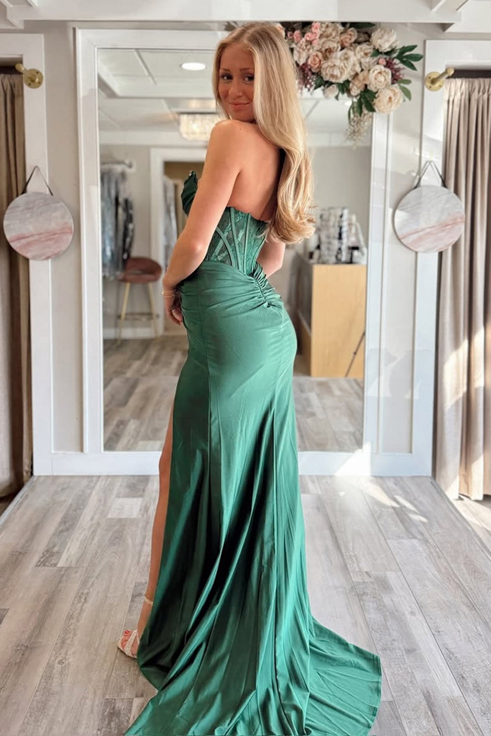 Long Strapless Mermaid Corset Prom Dress in Dark Green with Ruched Detail and Slit