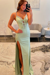 Strapless Mermaid Prom Dress in Light Green with Long Slit and Spaghetti Straps