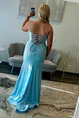 Light Blue Beaded Spaghetti Strap Mermaid Corset Prom Dress with Sparkles and Slit