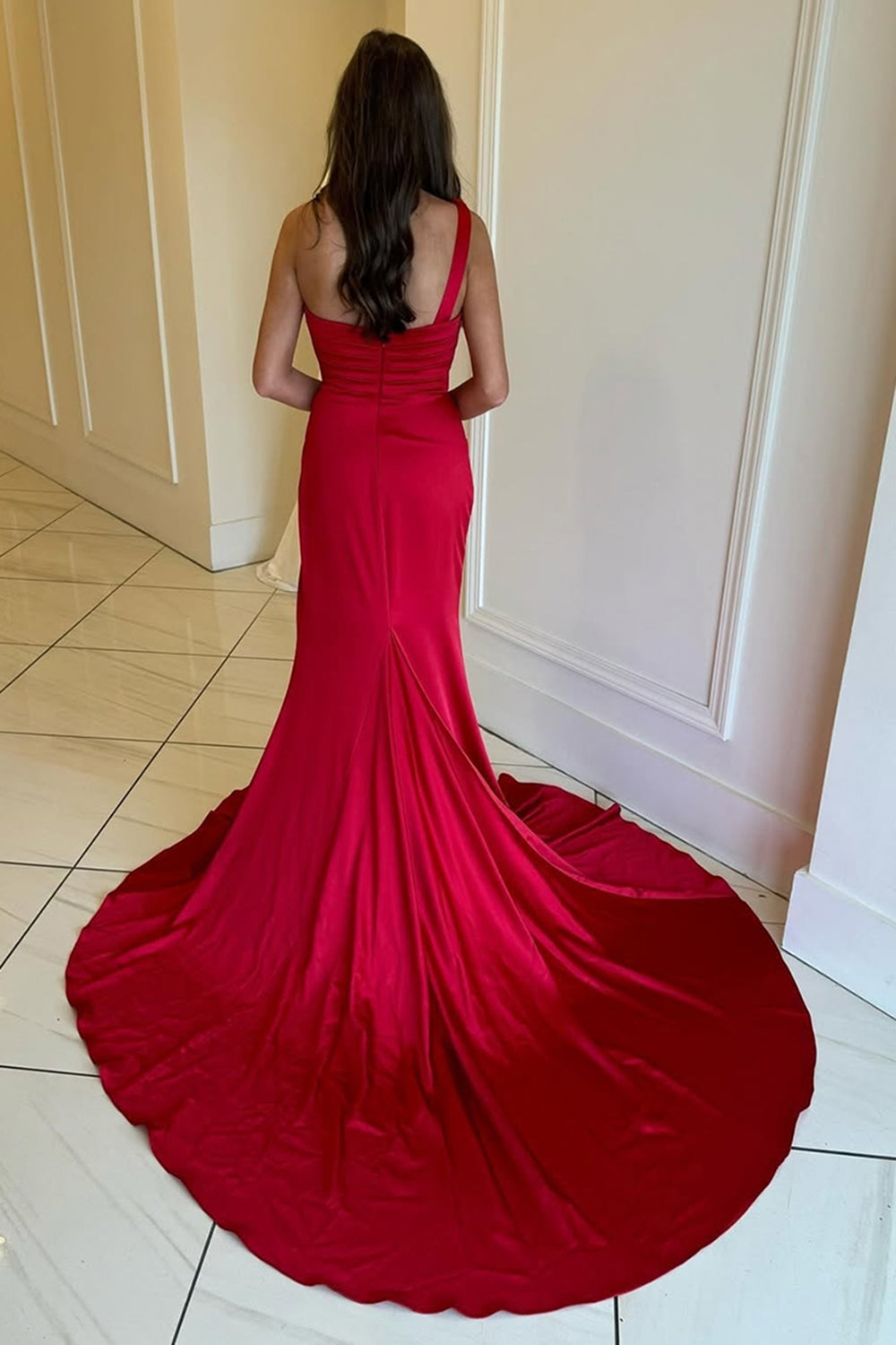 Long Red Mermaid Prom Dress with One Shoulder and Ruched Slit