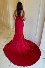Long Red Mermaid Prom Dress with One Shoulder and Ruched Slit
