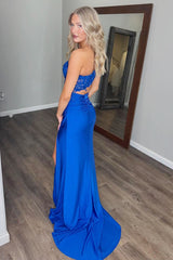 One Shoulder Royal Blue Mermaid Prom Dress with Applique Cut Out and Slit in Satin