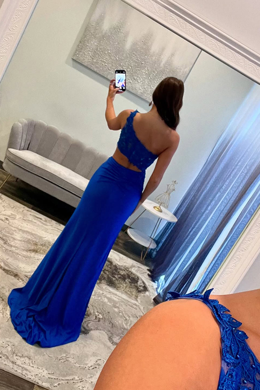 Royal Blue Glitter One-Shoulder Long Prom Dress Featuring a Waist Cut-Out and Lace