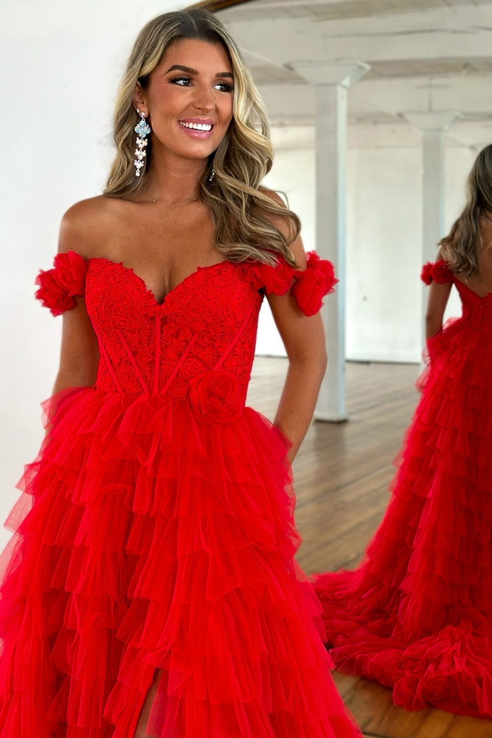 Long Red Prom Dress with Lace and Off-the-Shoulder Ruffles