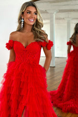 Long Red Prom Dress with Lace and Off-the-Shoulder Ruffles