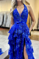 Royal Blue Glitter Halter Prom Dress Featuring a Bow and Long Ruffles