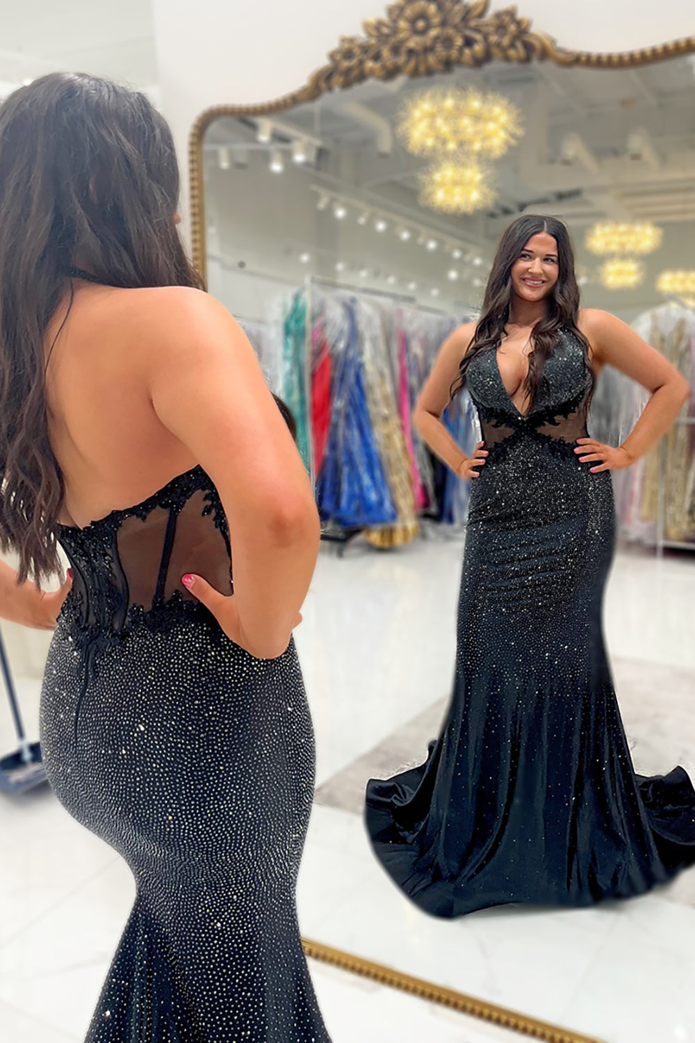 Long Beaded Black Prom Dress with Sparkly Halter and Backless Design Featuring Appliques