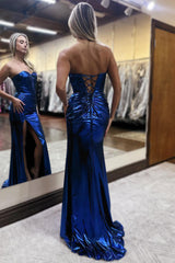 Metallic Long Prom Dress in Dark Blue with Glitter and Sweetheart Corset Featuring a Slit
