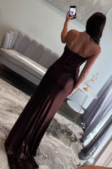 Long Brown Metallic Glitter Strapless Prom Corset Dress with Slit