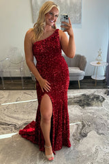 Burgundy Plus Size One Shoulder Long Prom Dress with Sparkly Sequins and Slit
