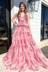 Strapless Princess A-Line Floral Prom Dress in Blush