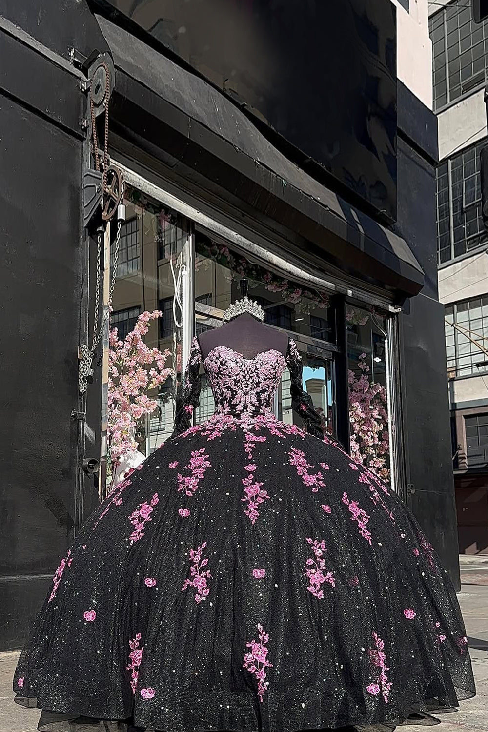 Strapless Black Pink Sparkly Quinceanera Ball Gown with Tulle Appliques and Bow