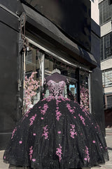 Strapless Black Pink Sparkly Quinceanera Ball Gown with Tulle Appliques and Bow