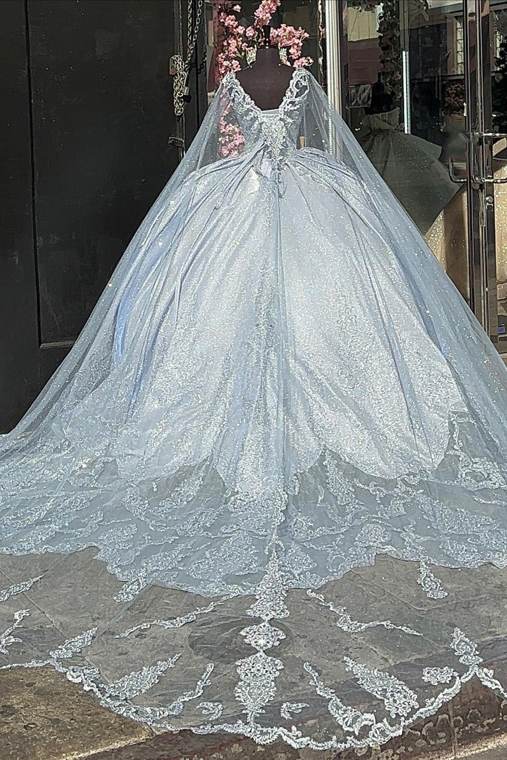 Silver Princess Ball Gown with Spaghetti Straps and Cape Appliques for Quinceanera