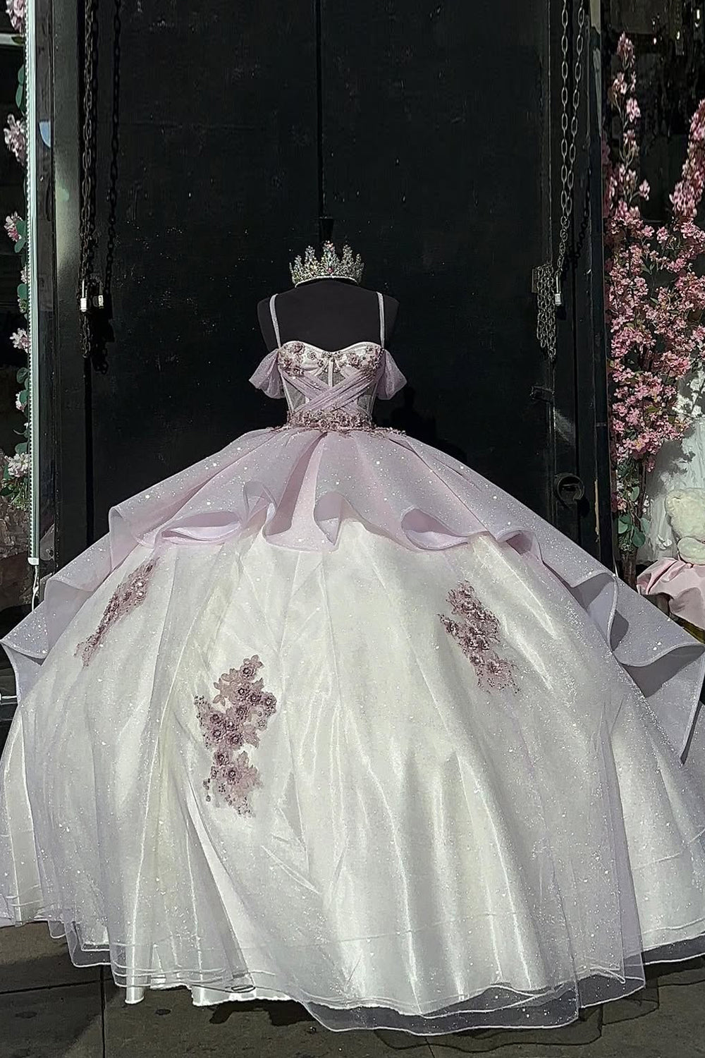 Pink Sparkle Cold-Shoulder Ball Gown with Ruffled Tulle and Appliques for Quinceanera