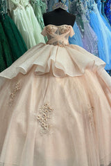 Pink Sparkle Cold-Shoulder Ball Gown with Ruffled Tulle and Appliques for Quinceanera