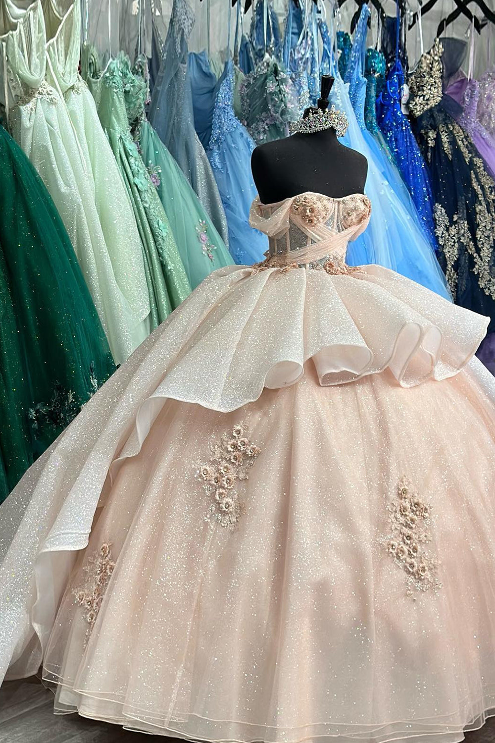 Pink Sparkle Cold-Shoulder Ball Gown with Ruffled Tulle and Appliques for Quinceanera