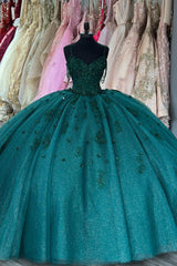 Dark Green Sparkly Quinceanera Ball Gown with Tulle Tassels and Sequined Appliques on Spaghetti Straps