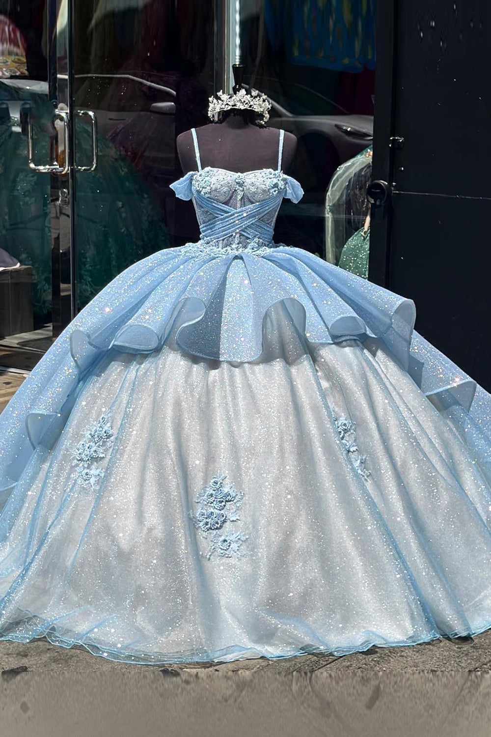 Pink Sparkle Cold-Shoulder Ball Gown with Ruffled Tulle and Appliques for Quinceanera