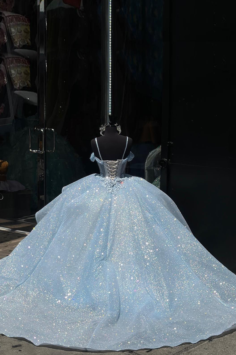 Pink Sparkle Cold-Shoulder Ball Gown with Ruffled Tulle and Appliques for Quinceanera