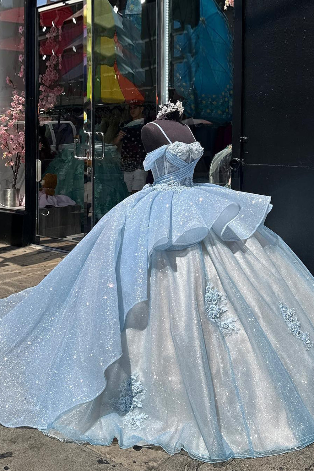 Pink Sparkle Cold-Shoulder Ball Gown with Ruffled Tulle and Appliques for Quinceanera