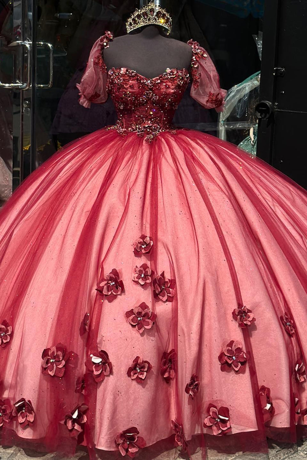 Red Sparkle Ball Gown with Puff Sleeves, Rhinestones, and 3D Flowers on Tulle for Quinceanera