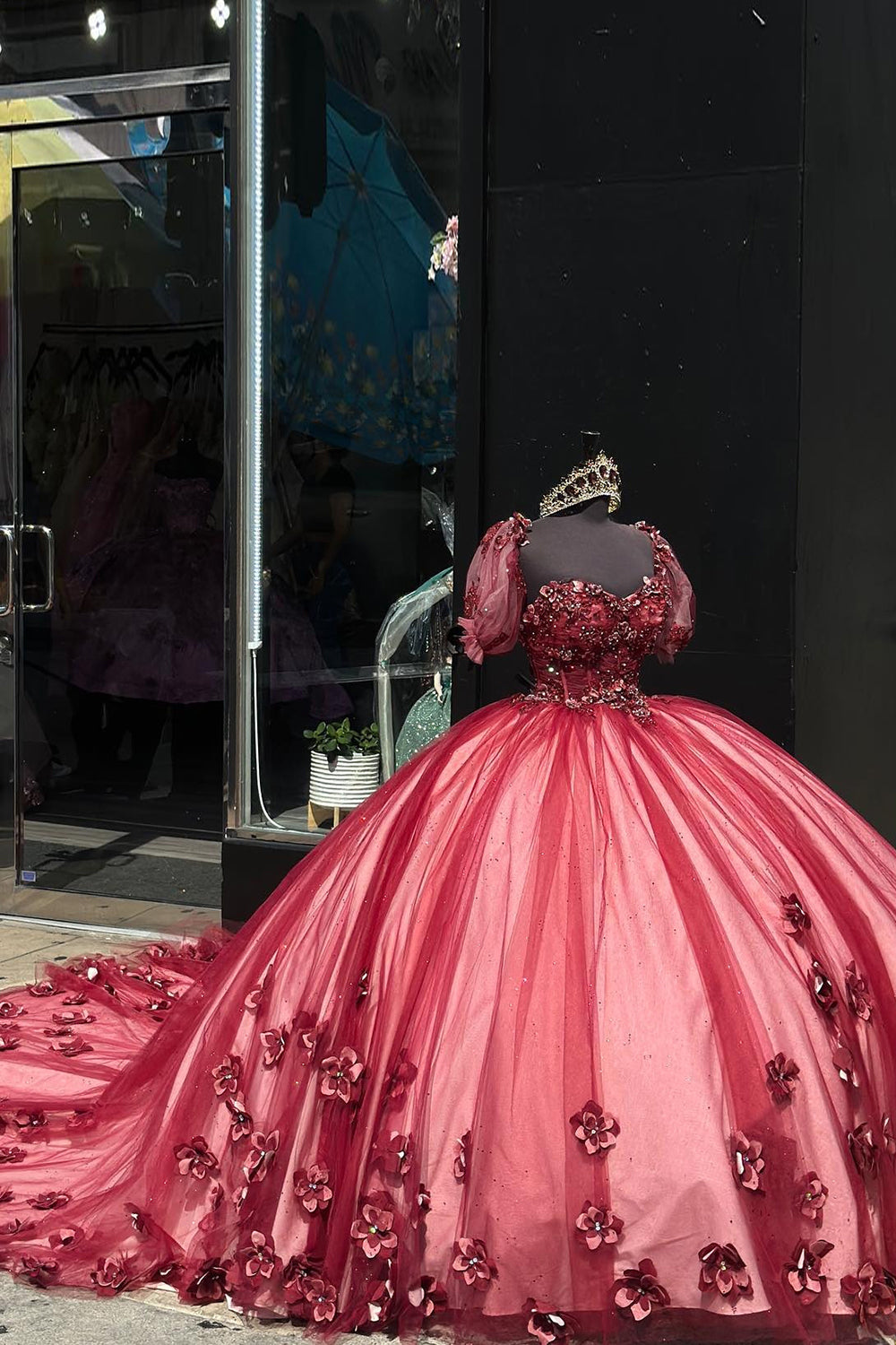 Red Sparkle Ball Gown with Puff Sleeves, Rhinestones, and 3D Flowers on Tulle for Quinceanera