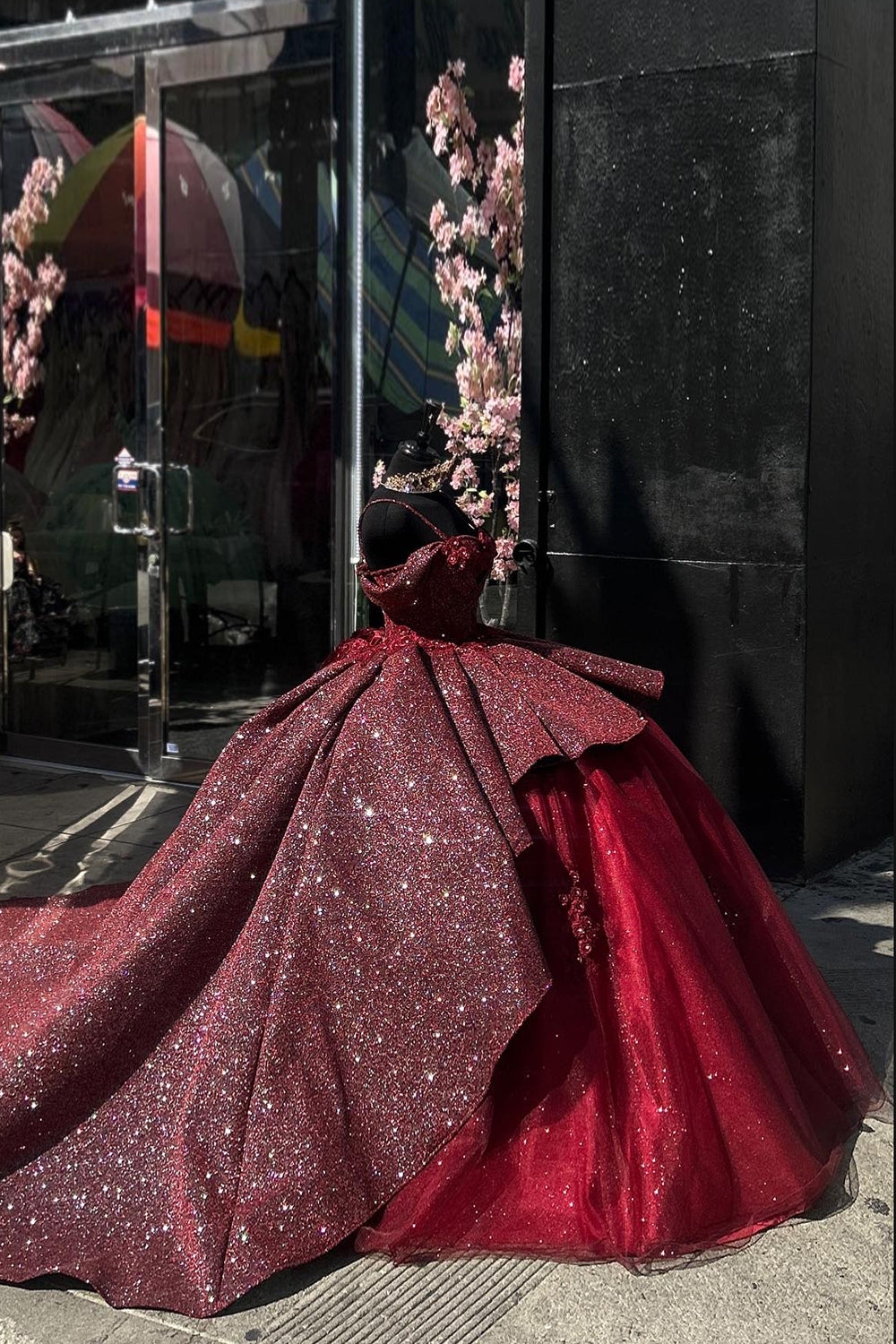 Pink Sparkle Cold-Shoulder Ball Gown with Ruffled Tulle and Appliques for Quinceanera