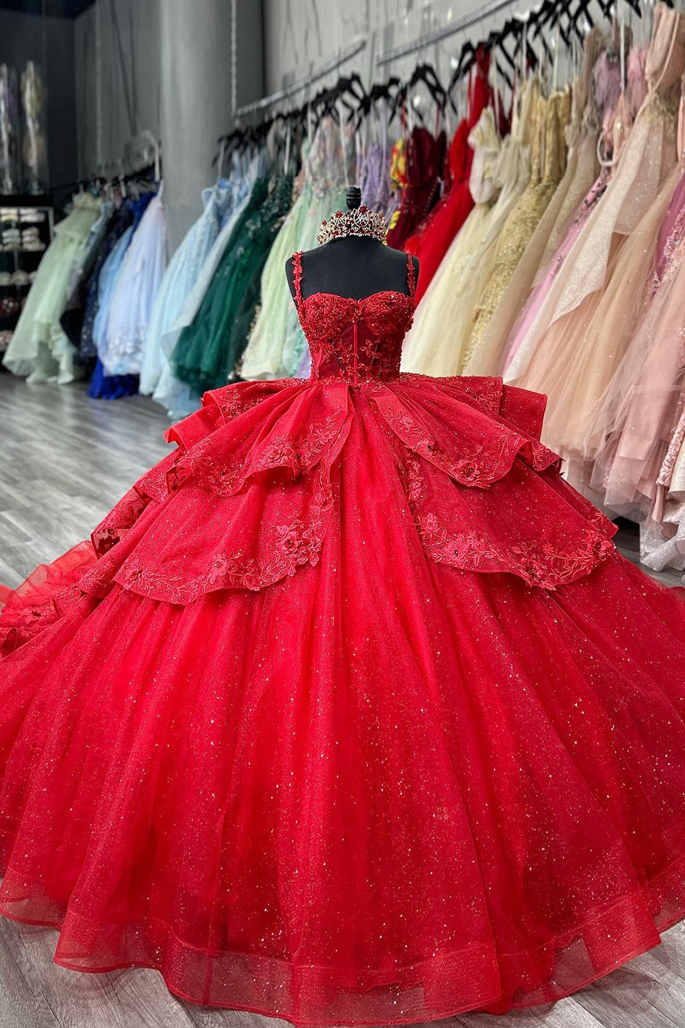 Beaded Red Ball Gown with Sparkly Ruffles and Spaghetti Straps for Quinceanera