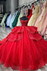 Beaded Red Ball Gown with Sparkly Ruffles and Spaghetti Straps for Quinceanera