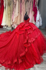 Beaded Red Ball Gown with Sparkly Ruffles and Spaghetti Straps for Quinceanera
