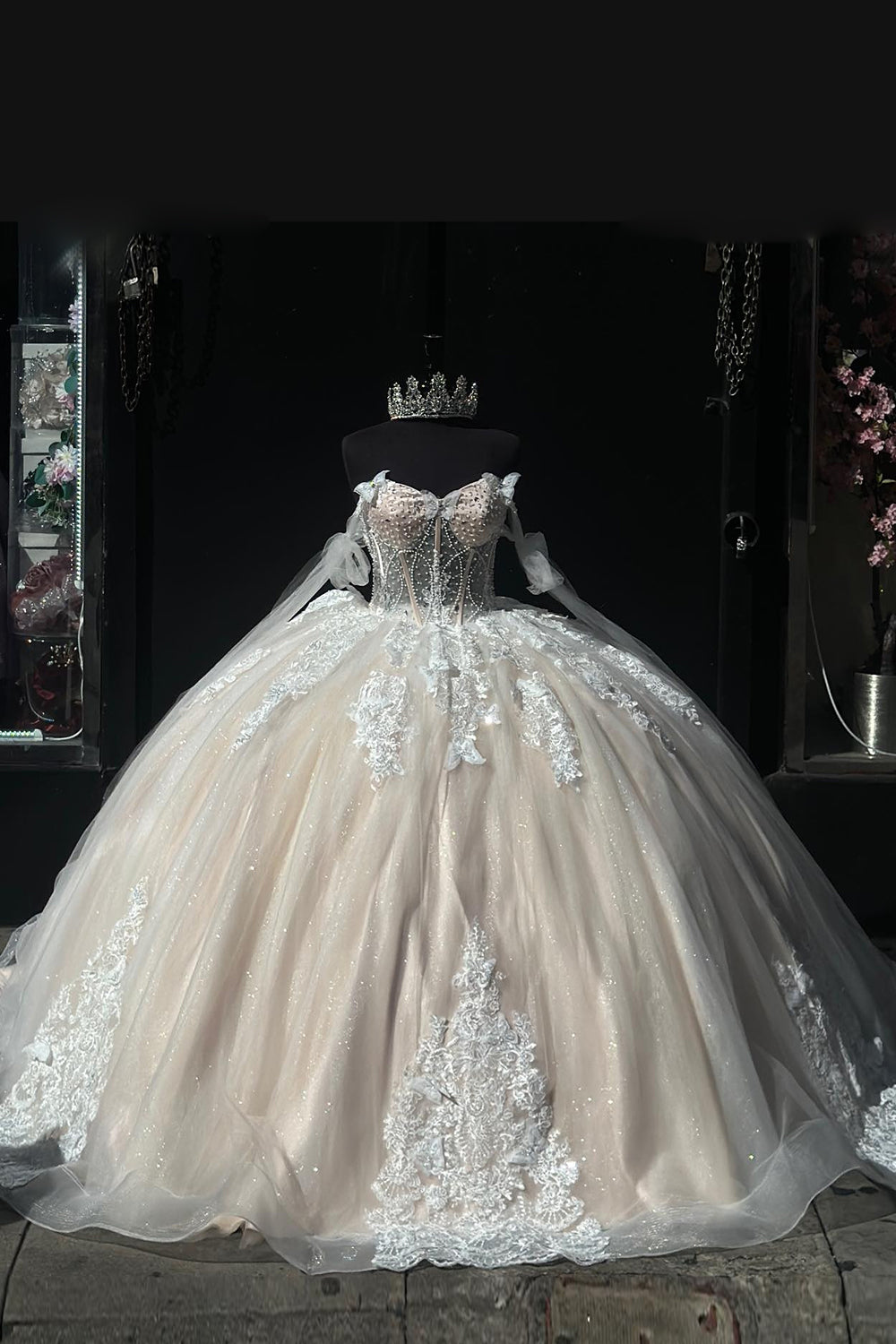 Off the Shoulder Champagne Tulle Ball Gown for Quinceanera