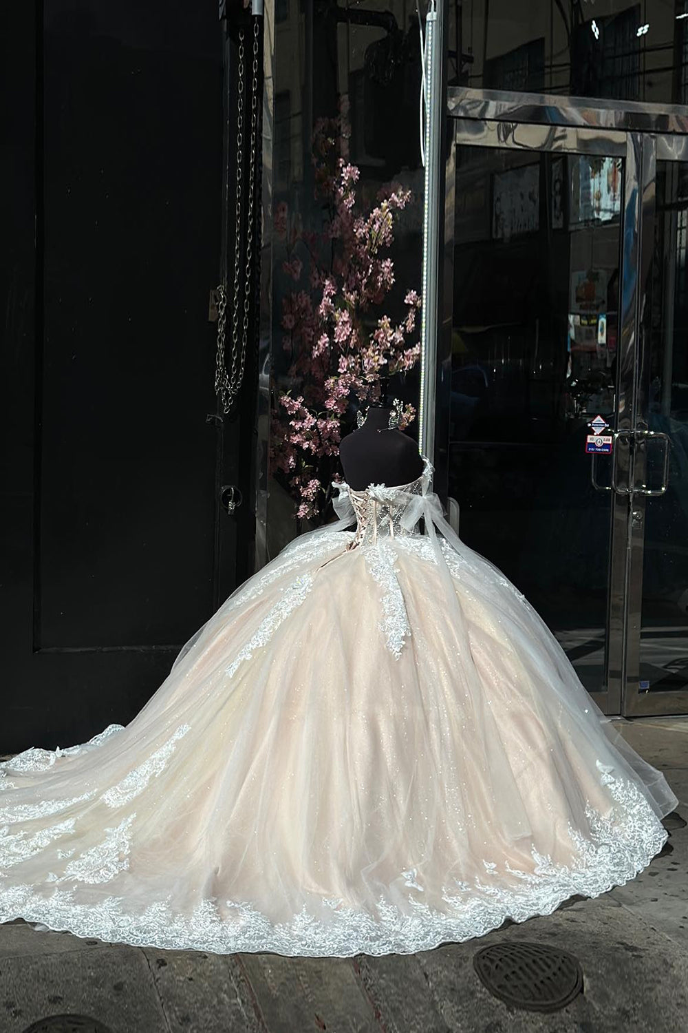 Off the Shoulder Champagne Tulle Ball Gown for Quinceanera
