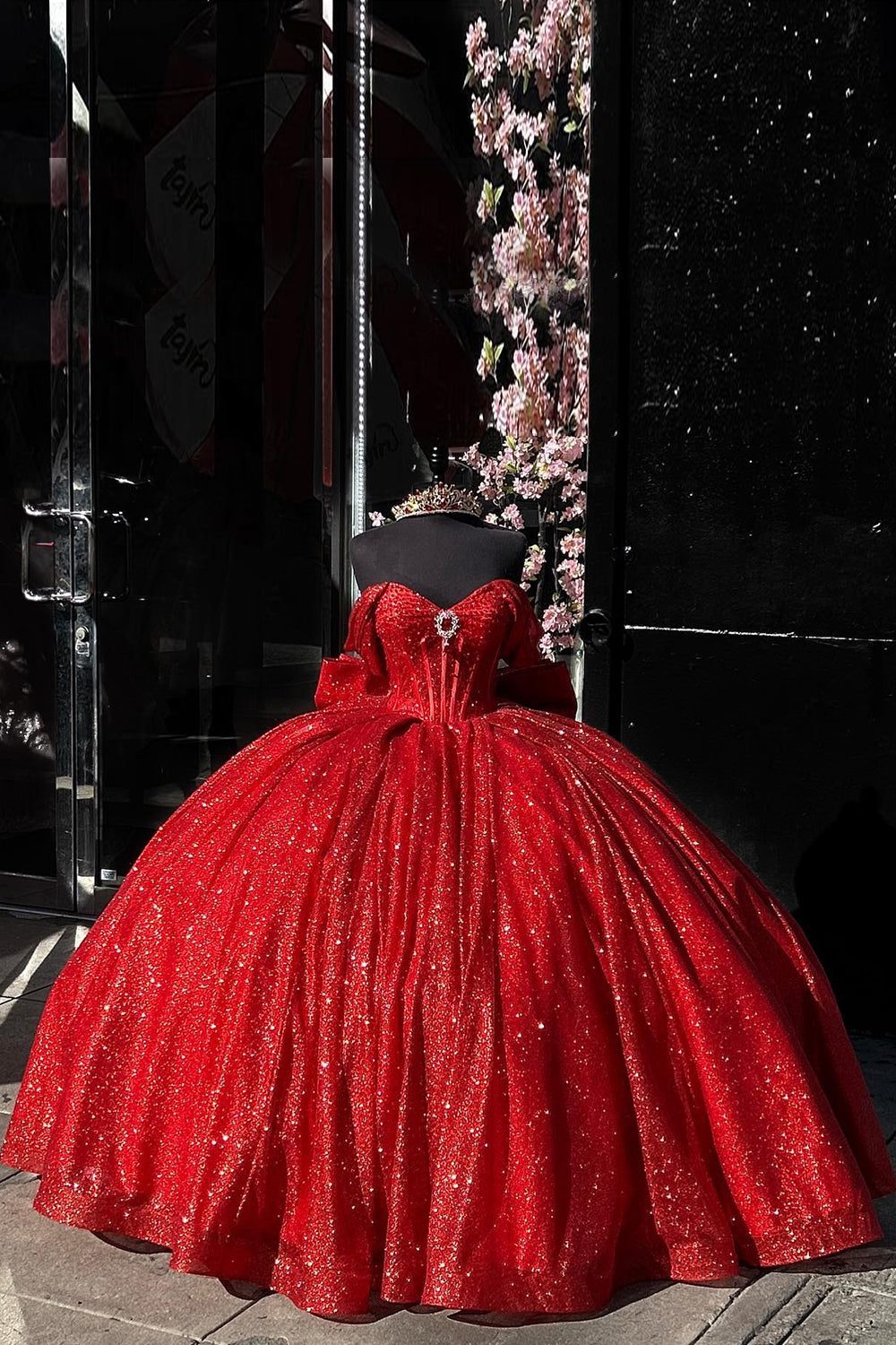 Sequined Off-the-Shoulder Red Ball Gown with Sparkly Tulle and Bow for Quinceanera