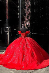 Off the Shoulder Red Glitter Ball Gown with Sequined Appliques for Quinceanera in Tulle
