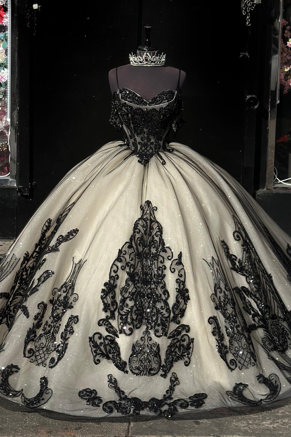 Black Apricot Sparkle Cold Shoulder Ball Gown with Sequined Tulle Embroidery for Quinceanera