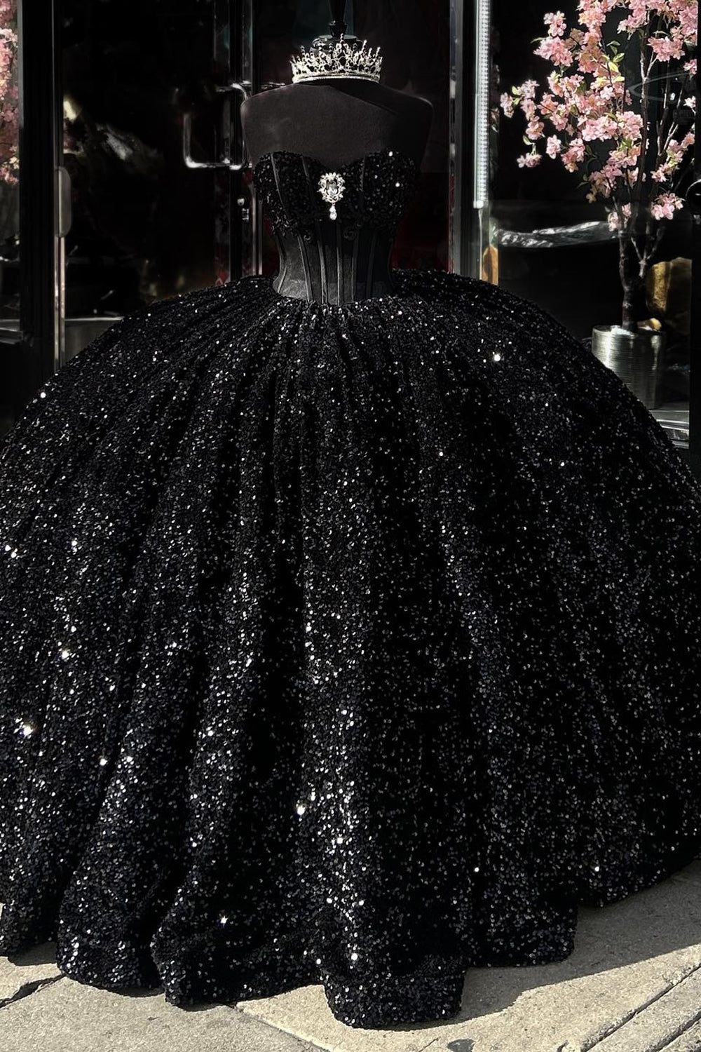 Strapless Black Ball Gown with Sparkly Sequins and Rhinestones for Quinceanera