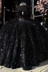 Strapless Black Ball Gown with Sparkly Sequins and Rhinestones for Quinceanera