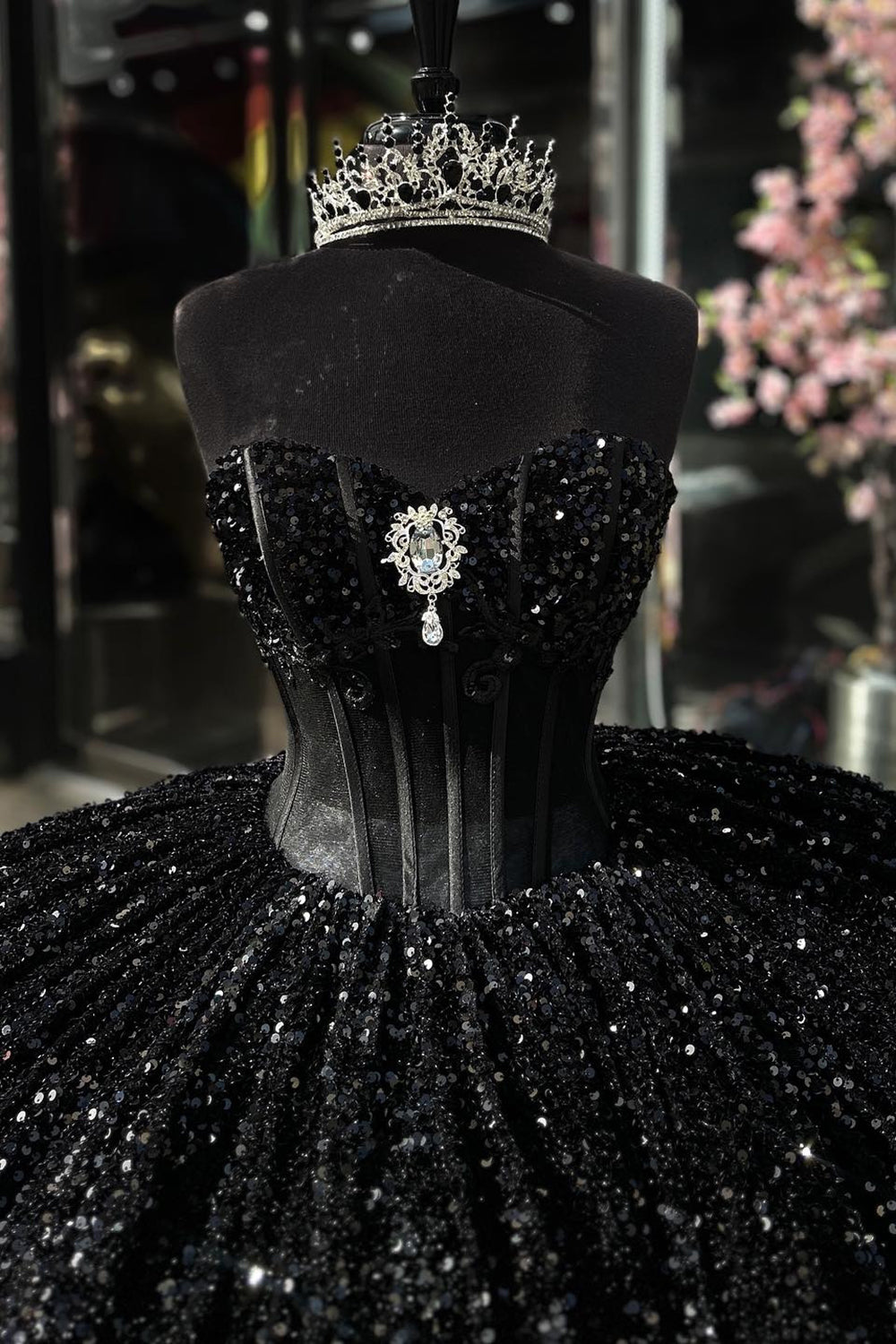 Strapless Black Ball Gown with Sparkly Sequins and Rhinestones for Quinceanera