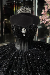 Strapless Black Ball Gown with Sparkly Sequins and Rhinestones for Quinceanera