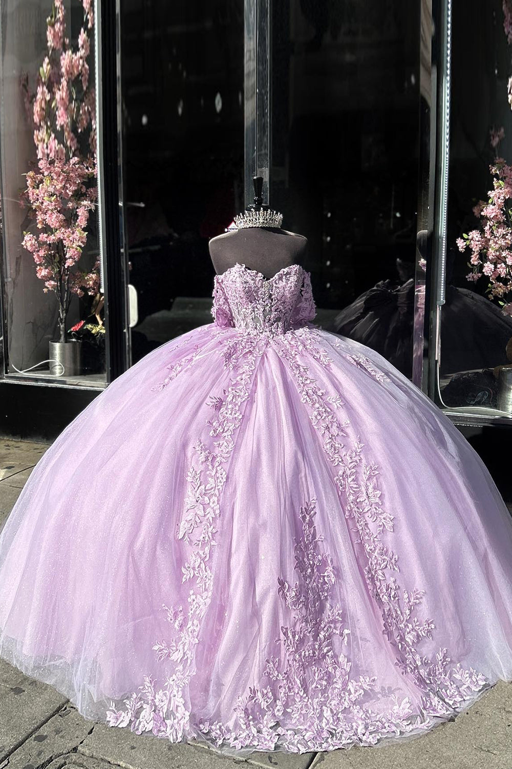 Off the Shoulder Pink Princess Tulle Ball Gown with Appliques and Bow for Quinceanera