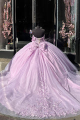 Off the Shoulder Pink Princess Tulle Ball Gown with Appliques and Bow for Quinceanera