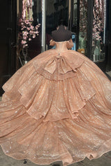 Champagne Sparkle Off-Shoulder Tulle Quinceanera Dress Featuring Ruffles and Bow