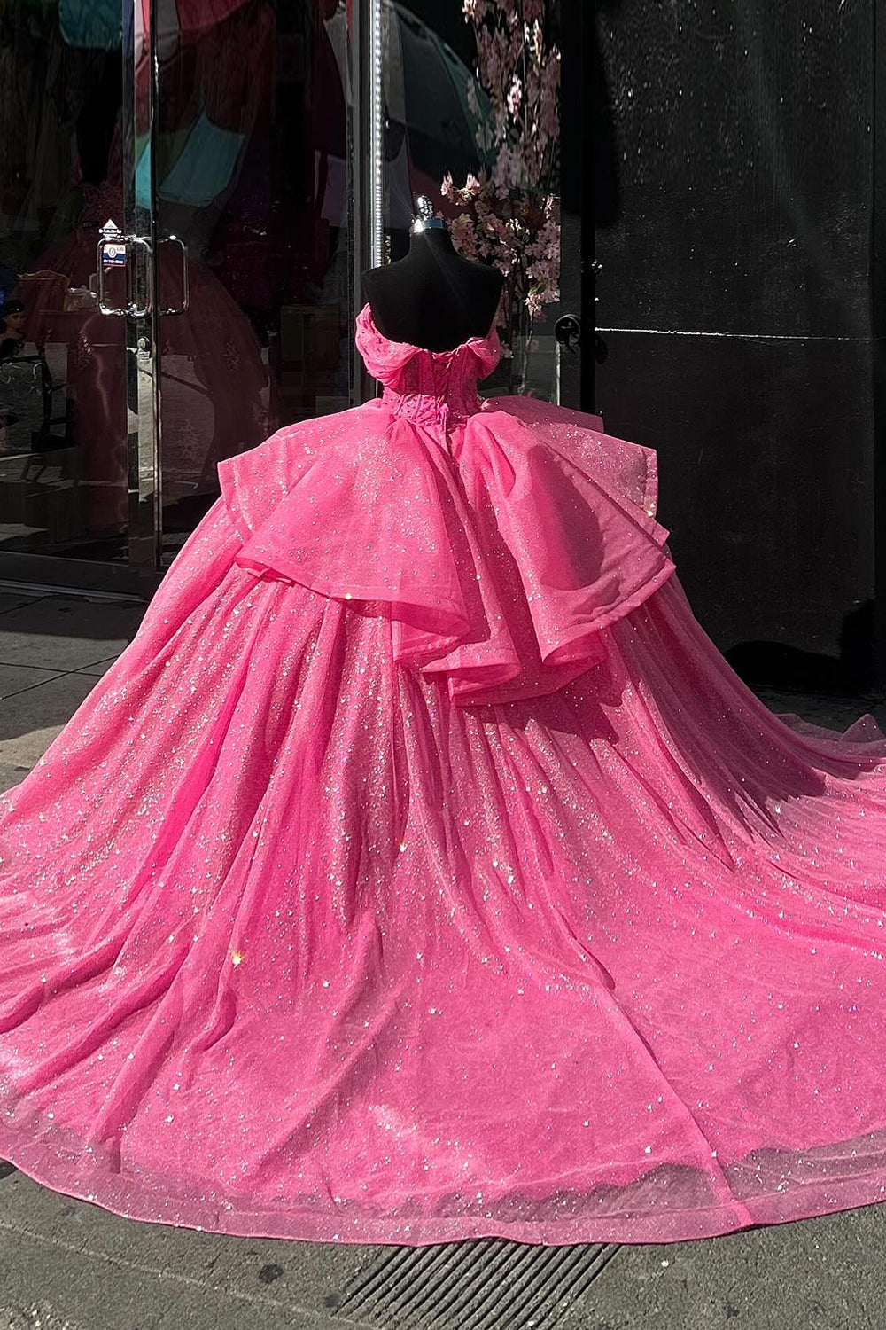 Hot Pink Sparkly Off-Shoulder Beaded Rhinestone Quinceanera Dress with Tulle Ruffle