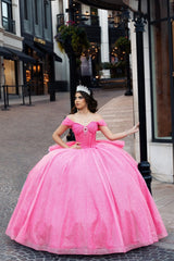 Hot Pink Sparkly Off-Shoulder Beaded Rhinestone Quinceanera Dress with Tulle Ruffle