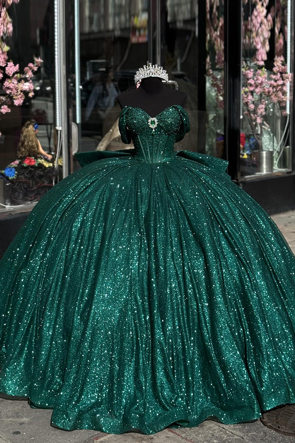 Hot Pink Sparkly Off-Shoulder Beaded Rhinestone Quinceanera Dress with Tulle Ruffle