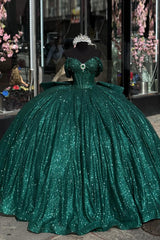 Hot Pink Sparkly Off-Shoulder Beaded Rhinestone Quinceanera Dress with Tulle Ruffle